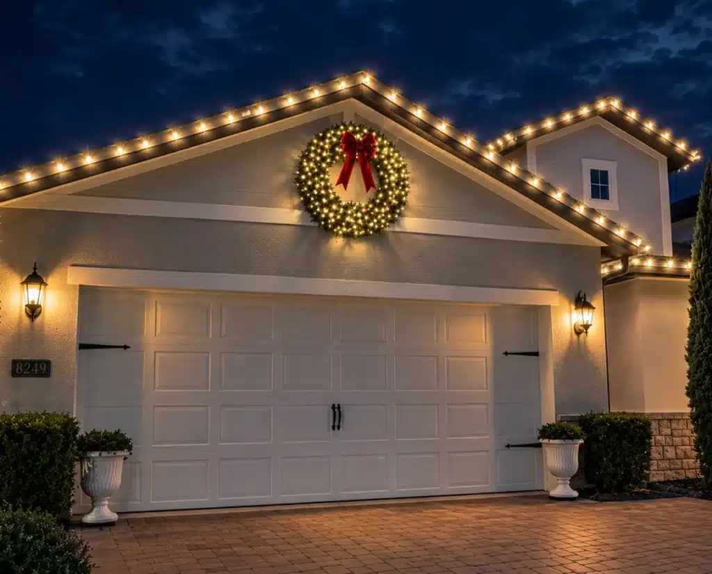 brightimes-christmas-lights-essential-plan Essential plan: roofline Christmas lights and wreath on a home