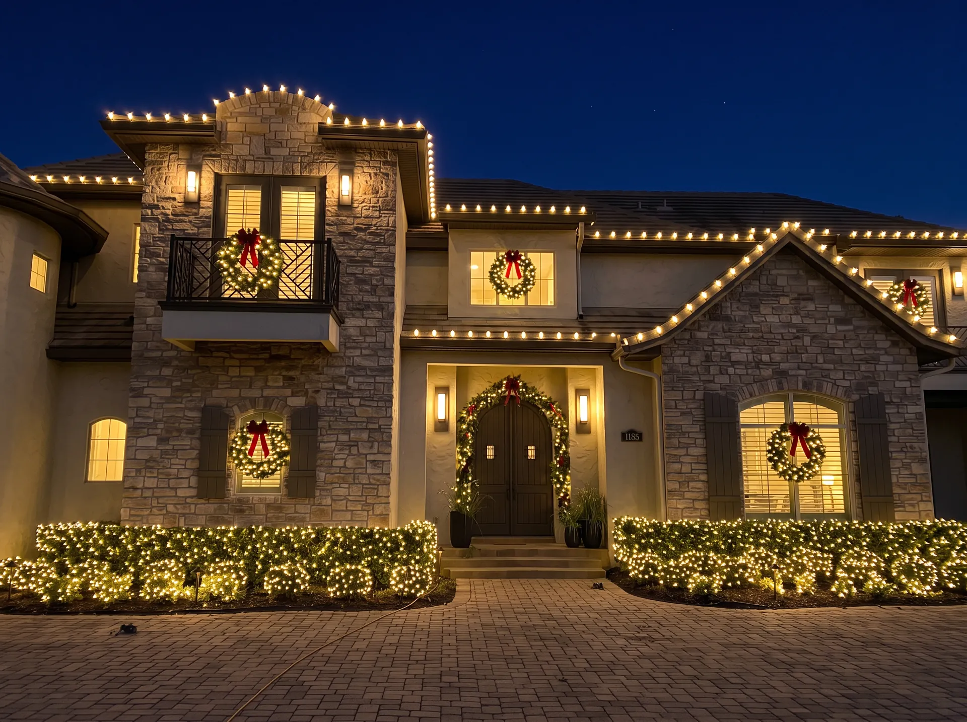 Stone home after Christmas light installation at dusk