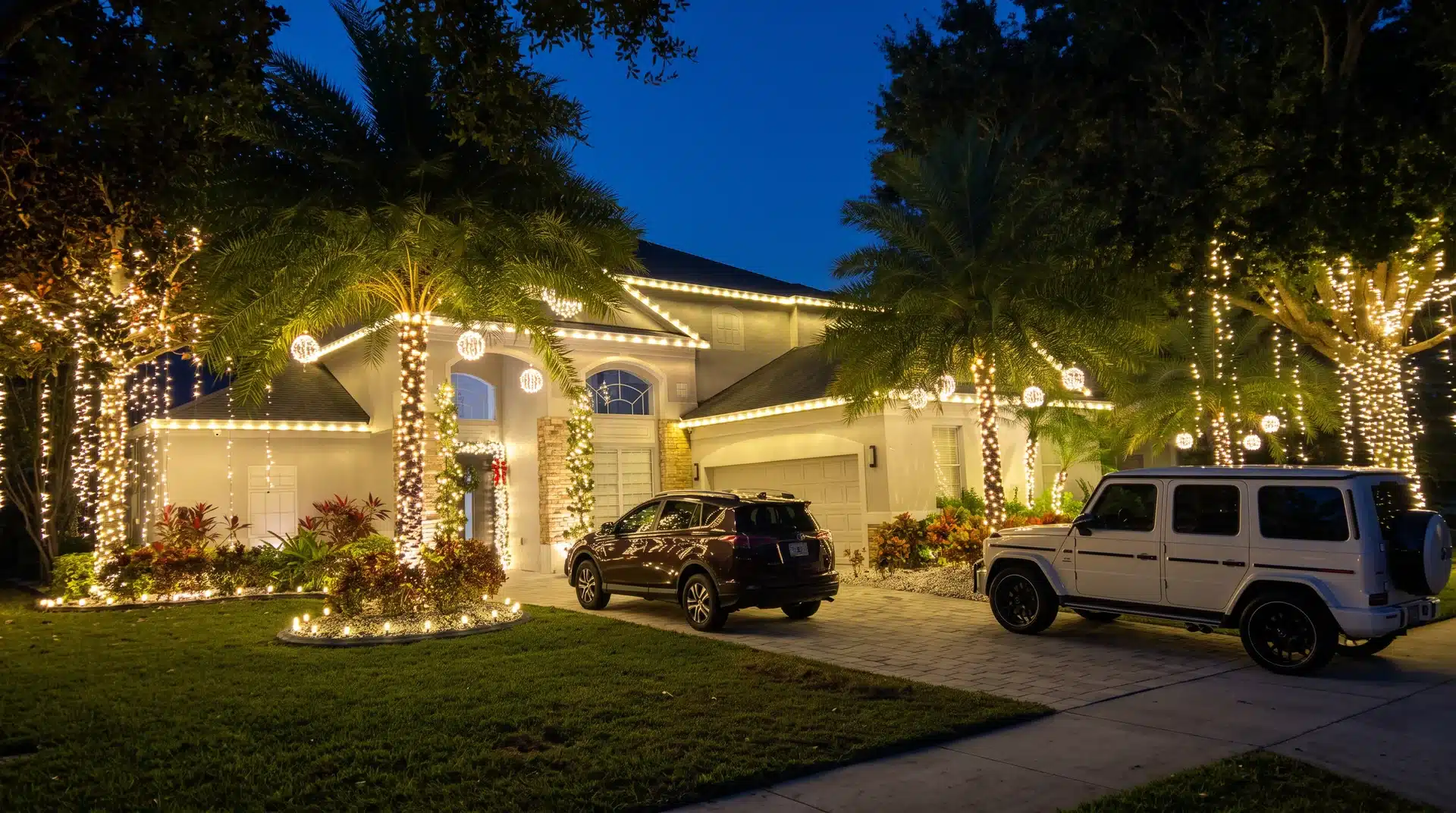 Home with Christmas lights wrapped on palm trees and roofline, cars parked in the driveway