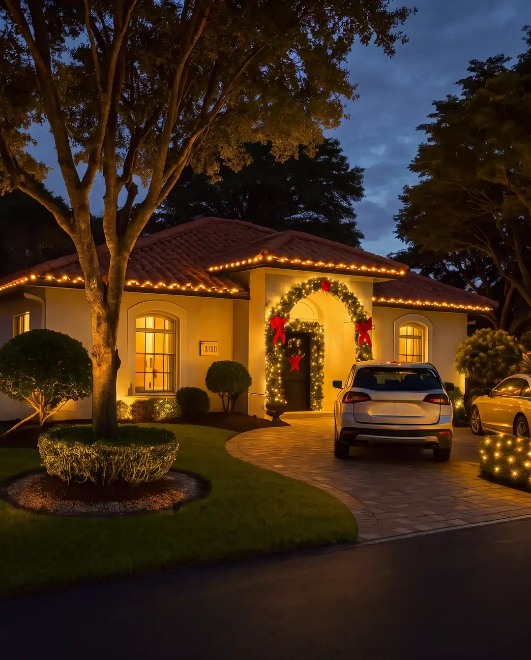 Single-story home with a lighted wreath and garland framing the front entry arch