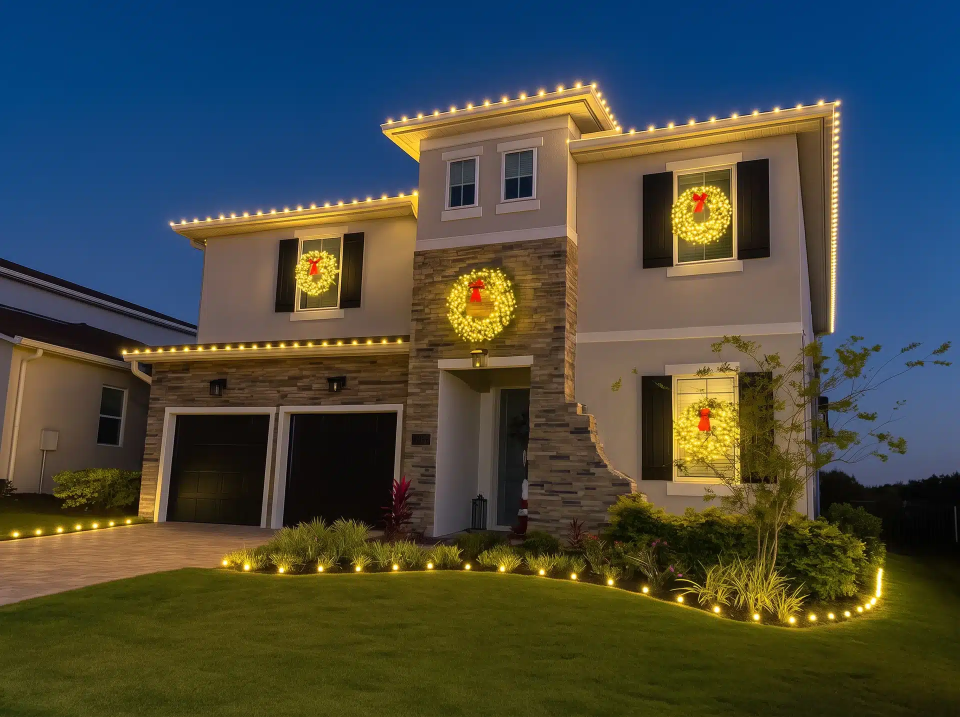 Two-story home with roofline Christmas lights, lighted wreaths on the windows and pathway lights
