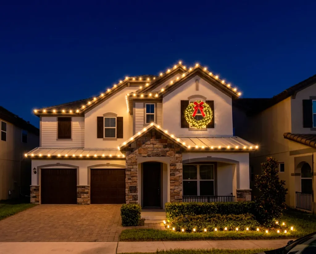 classic package_christmas-lights-plan-roofline-wreath Classic package: roofline lights and wreath on a two-story home