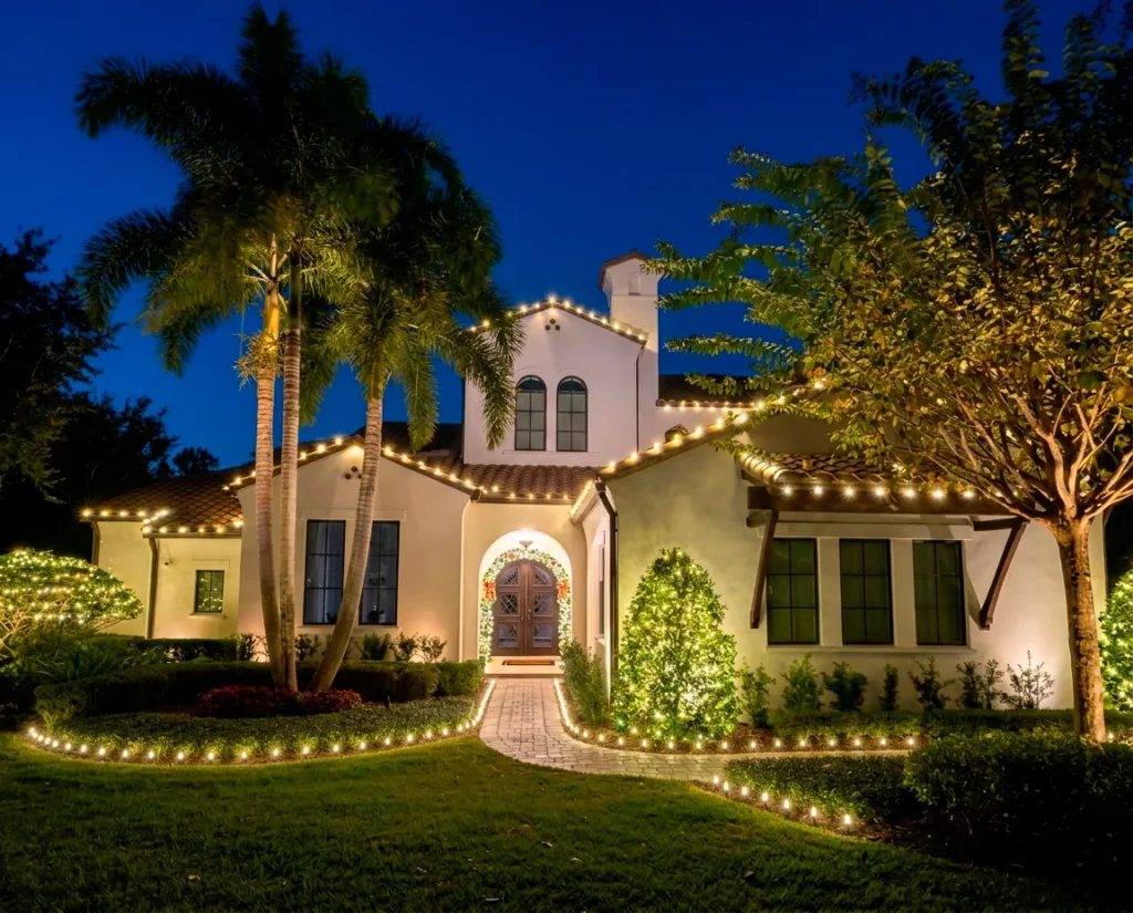 grand package_christmas-lights-plan-landscape-trees Grand package: roofline lights with lit landscape trees