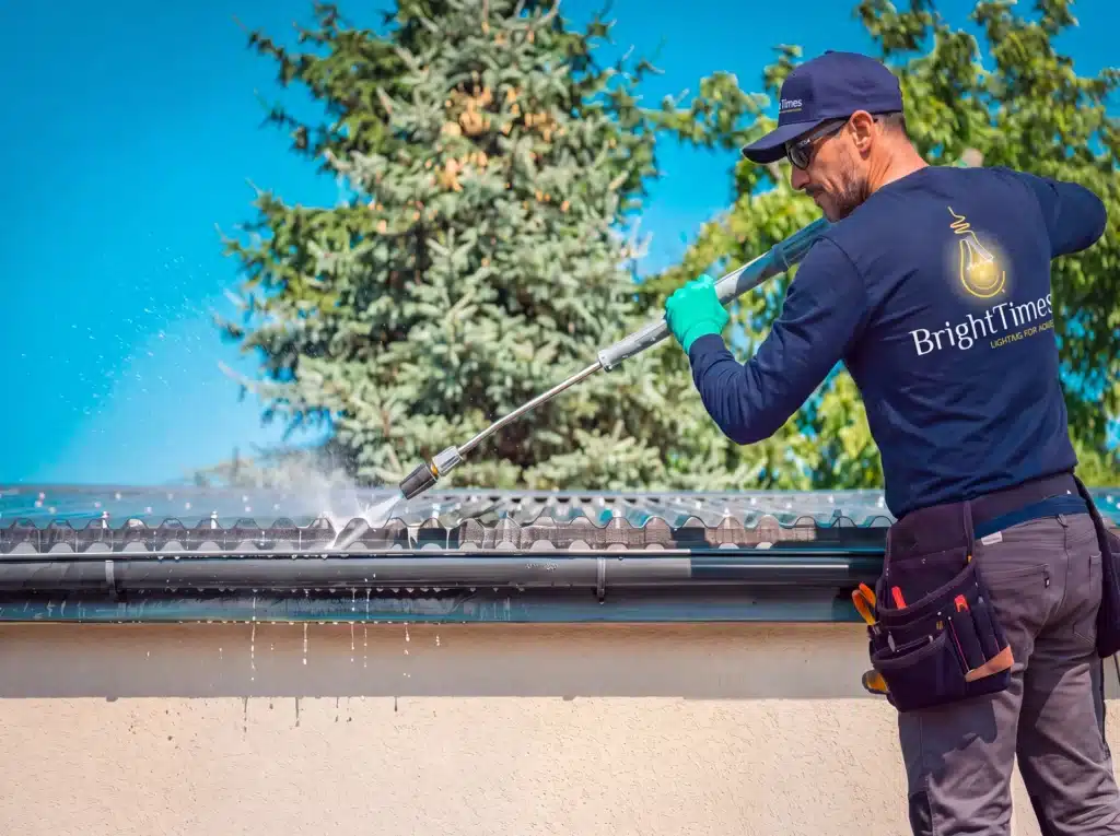 gutter-cleaning-service BrighTimes technician pressure washing a roof gutter