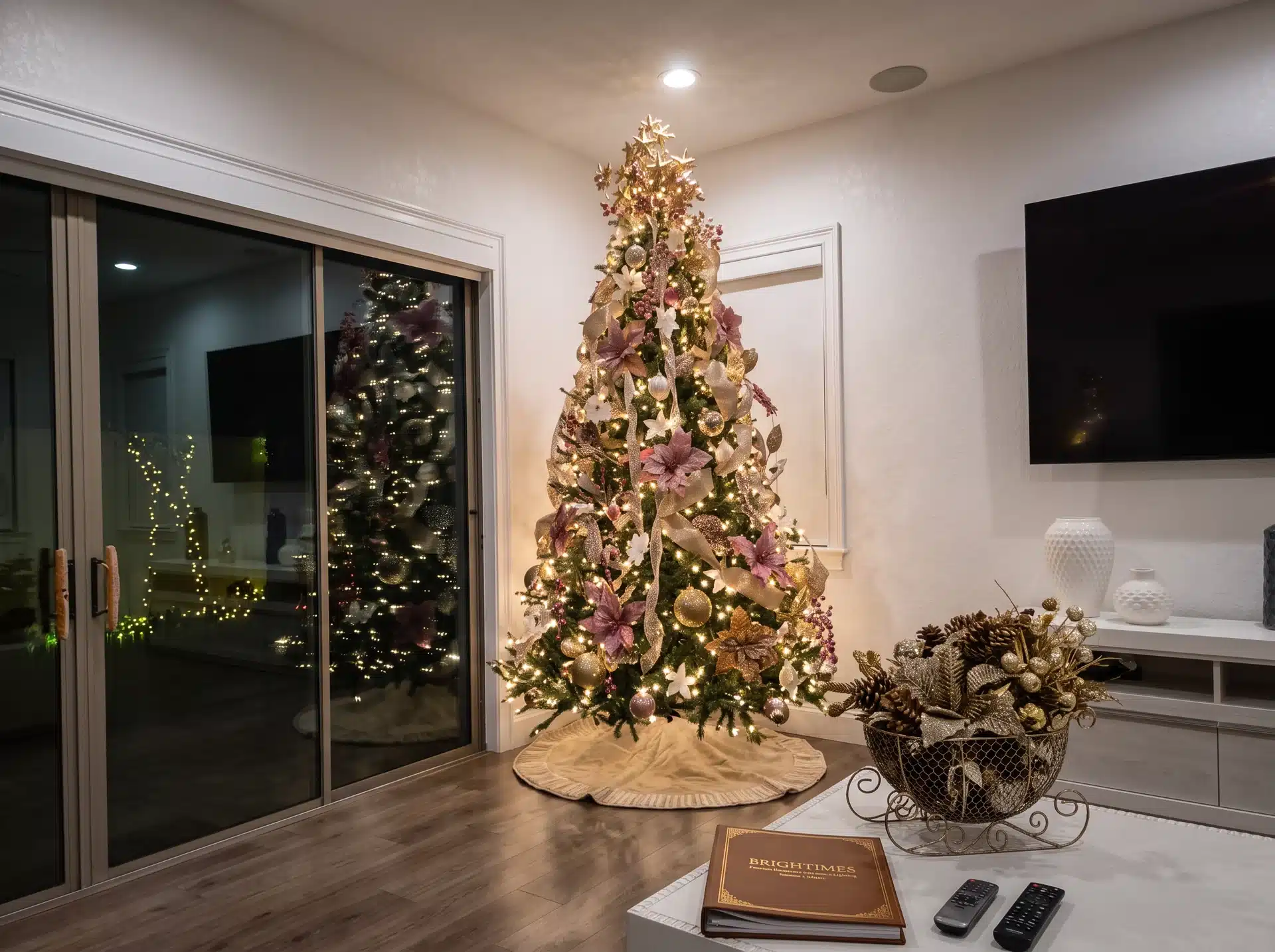 Living room with a decorated pink and gold Christmas tree