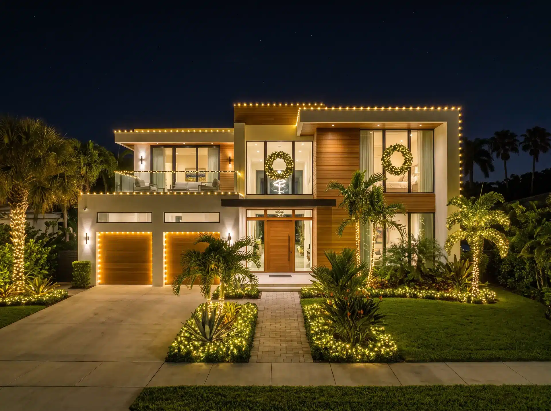 Modern home after Christmas light installation