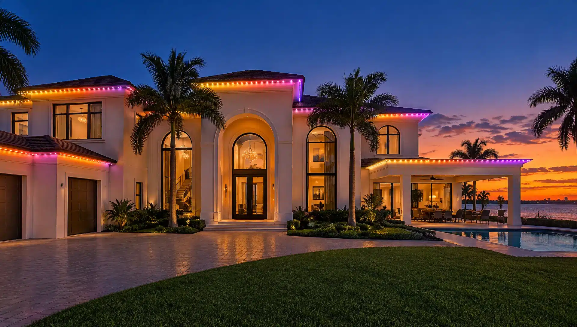 permanent-lights-multicolor-mediterranean-home-orlando Home with permanent multicolor accent lights at dusk