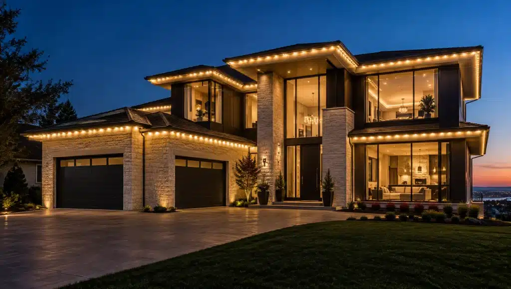 permanent-lights-warm-white-modern-home-orlando Modern home with permanent warm white lights along the roofline