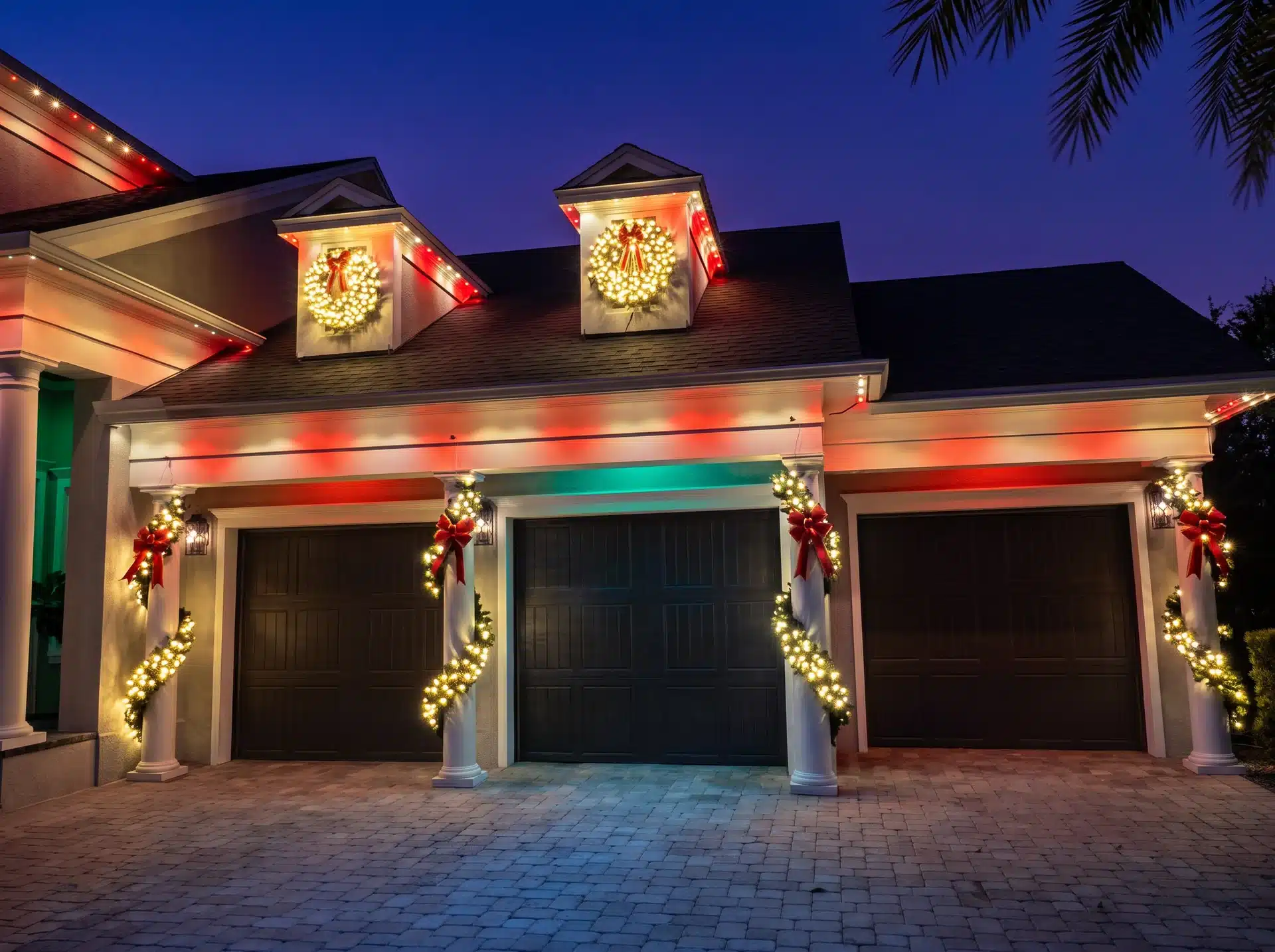 Garage with red and green roofline lights, wreaths on the dormers and lighted garland on the columns