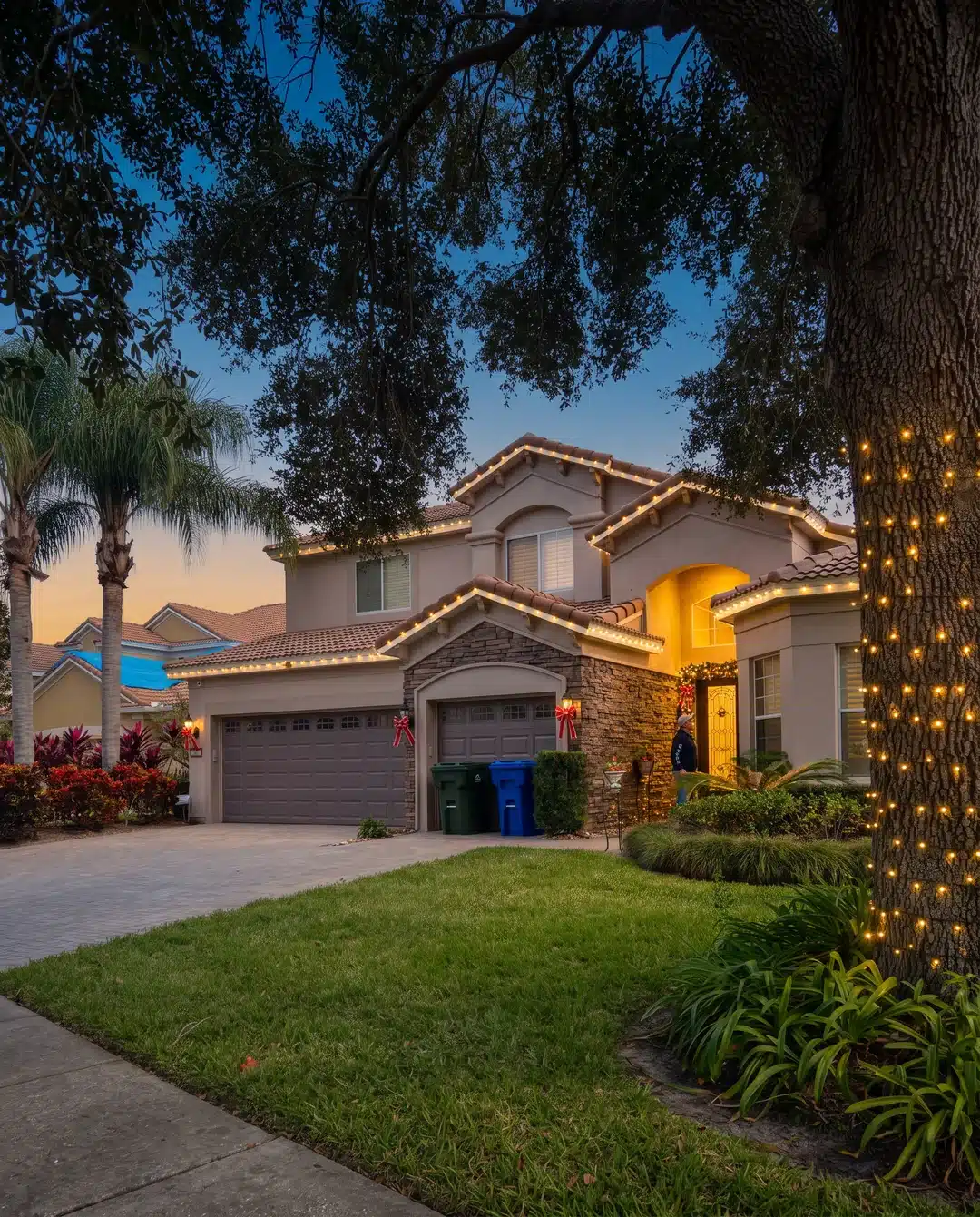 Tree trunk wrapped in Christmas lights in front of a two-story home